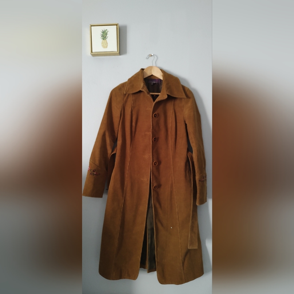 Vintage Corduroy Long Jacket Women Jean Basic Style 70s' Embroidery Size Medium - Picture 13 of 15